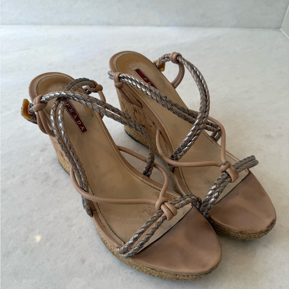 PRADA Women's Tan and Silver strap Wedge Sandals